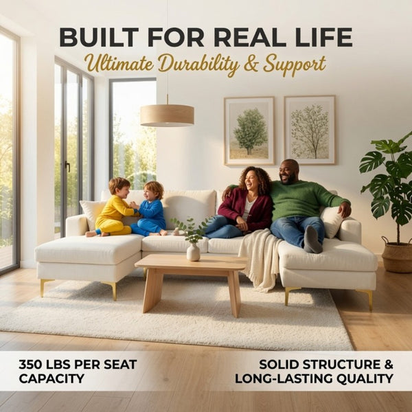 English Elm 99.5 Inch U-Shaped Velvet Sectional with Dual Chaise Gold Legs Living Room Sofa Cream White B082S00149