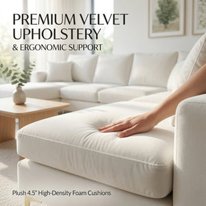 English Elm 99.5 Inch U-Shaped Velvet Sectional with Dual Chaise Gold Legs Living Room Sofa Cream White B082S00149