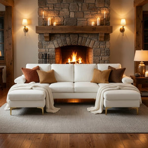 English Elm 99.5 Inch U-Shaped Velvet Sectional with Dual Chaise Gold Legs Living Room Sofa Cream White B082S00149