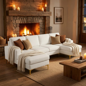 English Elm 99.5 Inch U-Shaped Velvet Sectional with Dual Chaise Gold Legs Living Room Sofa Cream White B082S00149