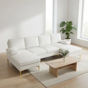 English Elm 99.5 Inch U-Shaped Velvet Sectional with Dual Chaise Gold Legs Living Room Sofa Cream White B082S00149