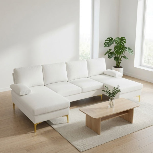 English Elm 99.5 Inch U-Shaped Velvet Sectional with Dual Chaise Gold Legs Living Room Sofa Cream White B082S00149