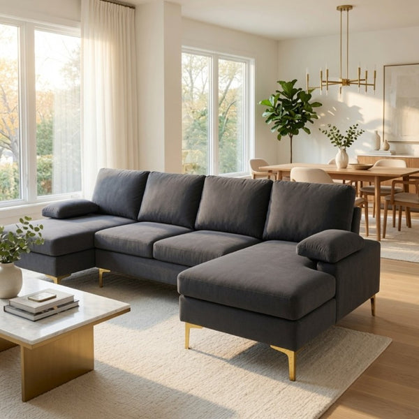 English Elm 99.5 Inch U-Shaped Velvet Sectional with Dual Chaise Gold Legs Living Room Sofa Black Grey B082S00150