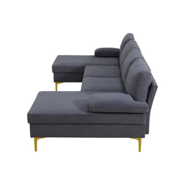English Elm 99.5 Inch U-Shaped Velvet Sectional with Dual Chaise Gold Legs Living Room Sofa Black Grey B082S00150