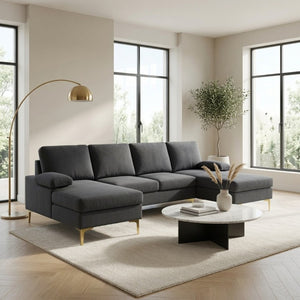 English Elm 99.5 Inch U-Shaped Velvet Sectional with Dual Chaise Gold Legs Living Room Sofa Black Grey B082S00150