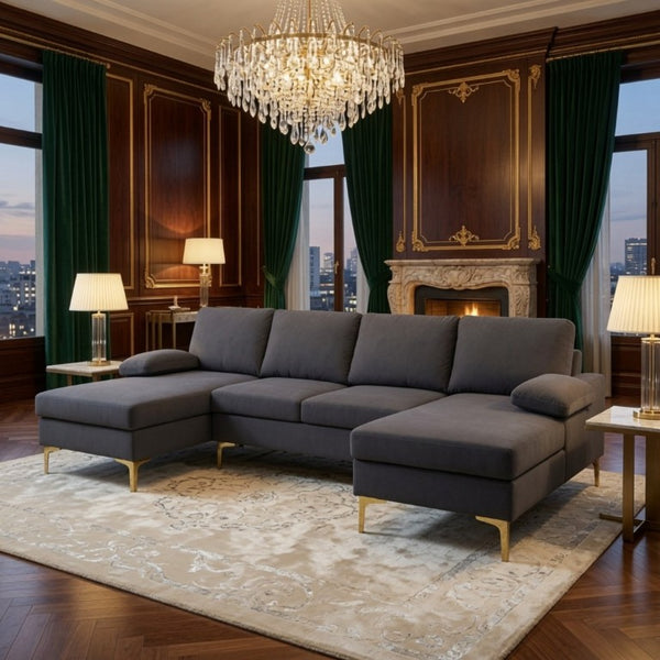 English Elm 99.5 Inch U-Shaped Velvet Sectional with Dual Chaise Gold Legs Living Room Sofa Black Grey B082S00150