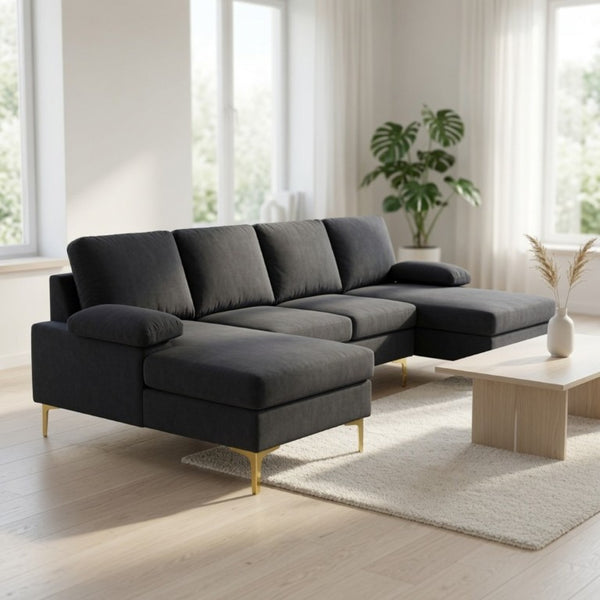 English Elm 99.5 Inch U-Shaped Velvet Sectional with Dual Chaise Gold Legs Living Room Sofa Black Grey B082S00150