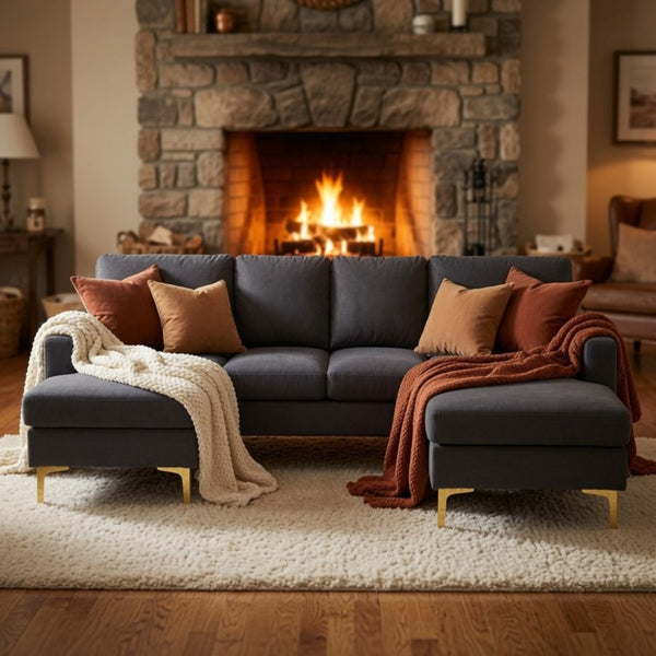 English Elm 99.5 Inch U-Shaped Velvet Sectional with Dual Chaise Gold Legs Living Room Sofa Black Grey B082S00150