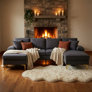 English Elm 99.5 Inch U-Shaped Velvet Sectional with Dual Chaise Gold Legs Living Room Sofa Black Grey B082S00150