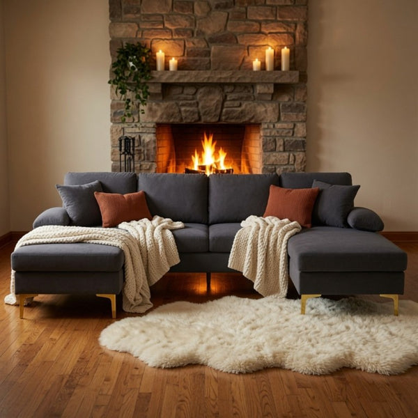 English Elm 99.5 Inch U-Shaped Velvet Sectional with Dual Chaise Gold Legs Living Room Sofa Black Grey B082S00150