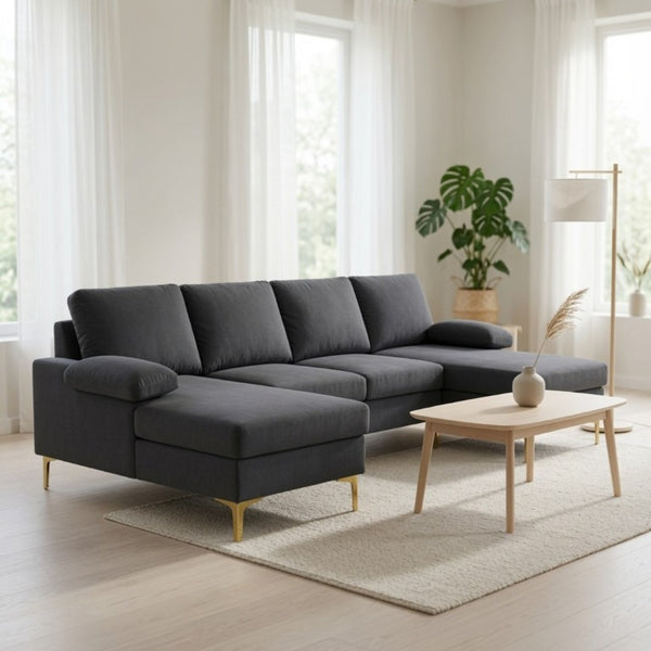 English Elm 99.5 Inch U-Shaped Velvet Sectional with Dual Chaise Gold Legs Living Room Sofa Black Grey B082S00150