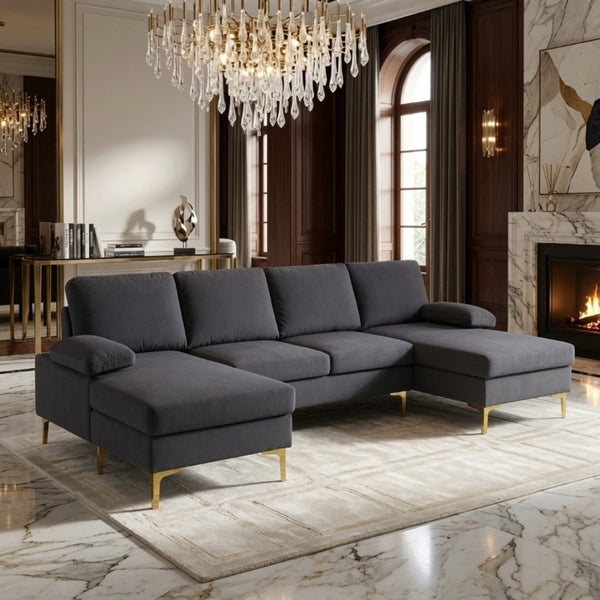 English Elm 99.5 Inch U-Shaped Velvet Sectional with Dual Chaise Gold Legs Living Room Sofa Black Grey B082S00150