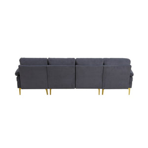 English Elm 99.5 Inch U-Shaped Velvet Sectional with Dual Chaise Gold Legs Living Room Sofa Black Grey B082S00150