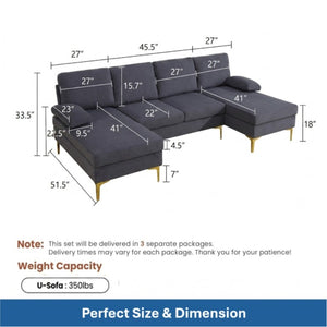 English Elm 99.5 Inch U-Shaped Velvet Sectional with Dual Chaise Gold Legs Living Room Sofa Black Grey B082S00150