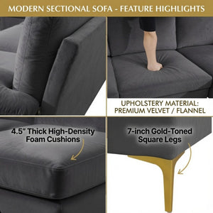 English Elm 99.5 Inch U-Shaped Velvet Sectional with Dual Chaise Gold Legs Living Room Sofa Black Grey B082S00150