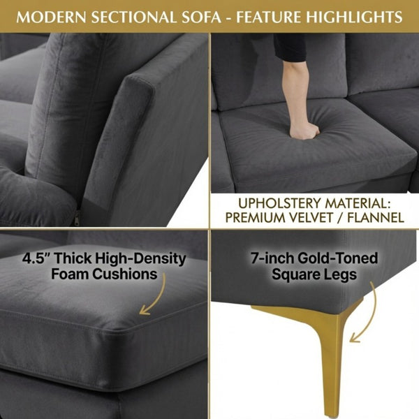 English Elm 99.5 Inch U-Shaped Velvet Sectional with Dual Chaise Gold Legs Living Room Sofa Black Grey B082S00150