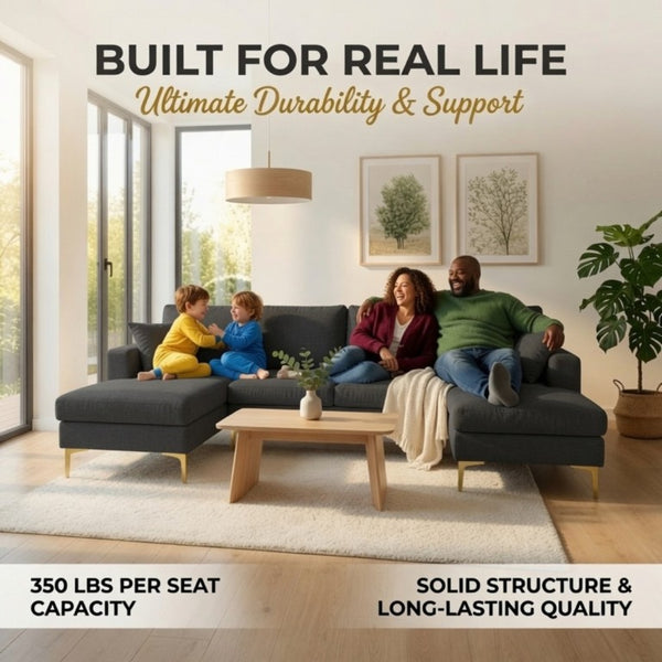 English Elm 99.5 Inch U-Shaped Velvet Sectional with Dual Chaise Gold Legs Living Room Sofa Black Grey B082S00150
