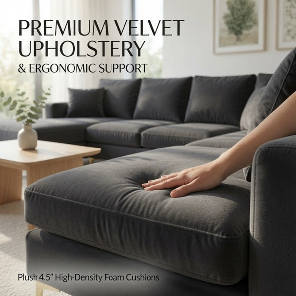 English Elm 99.5 Inch U-Shaped Velvet Sectional with Dual Chaise Gold Legs Living Room Sofa Black Grey B082S00150