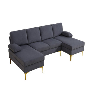 English Elm 99.5 Inch U-Shaped Velvet Sectional with Dual Chaise Gold Legs Living Room Sofa Black Grey B082S00150