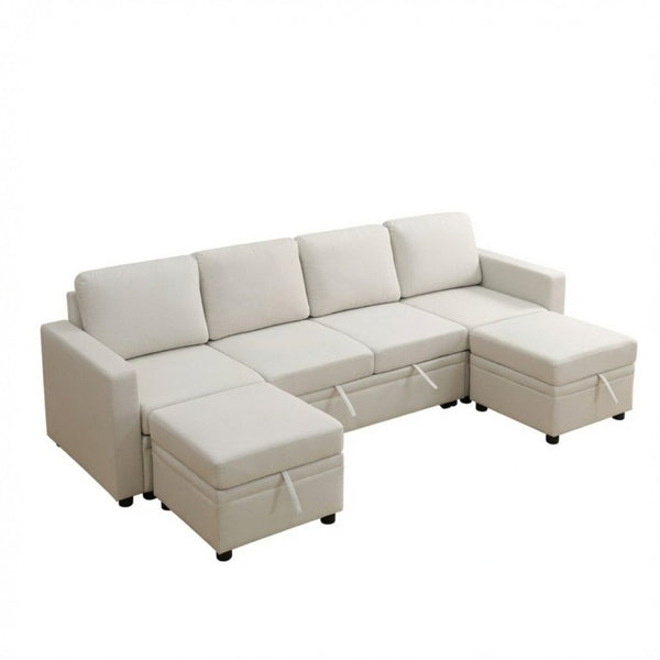 English Elm 102 Inch U-Shape Sectional Sleeper Sofa with Sackcloth Upholstery and Dual Storage Chaises B082S00151