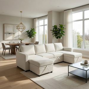 English Elm 102 Inch U-Shape Sectional Sleeper Sofa with Sackcloth Upholstery and Dual Storage Chaises B082S00151