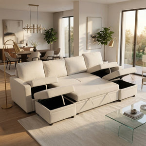 English Elm 102 Inch U-Shape Sectional Sleeper Sofa with Sackcloth Upholstery and Dual Storage Chaises B082S00151
