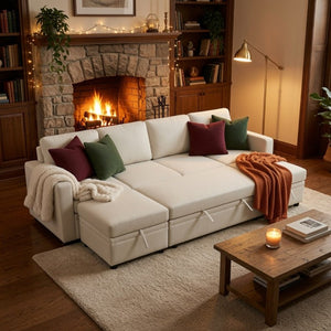 English Elm 102 Inch U-Shape Sectional Sleeper Sofa with Sackcloth Upholstery and Dual Storage Chaises B082S00151