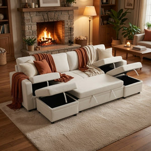 English Elm 102 Inch U-Shape Sectional Sleeper Sofa with Sackcloth Upholstery and Dual Storage Chaises B082S00151