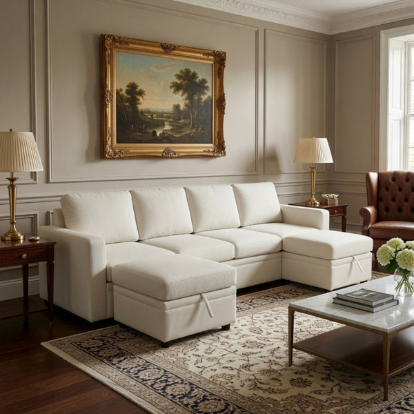 English Elm 102 Inch U-Shape Sectional Sleeper Sofa with Sackcloth Upholstery and Dual Storage Chaises B082S00151