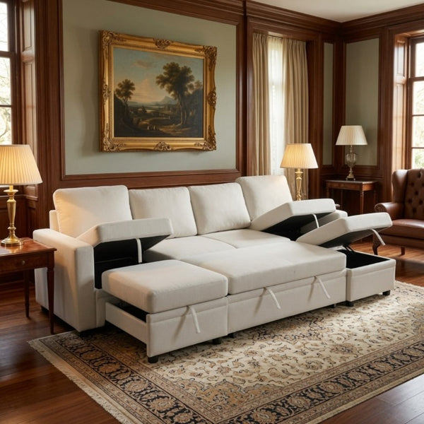 English Elm 102 Inch U-Shape Sectional Sleeper Sofa with Sackcloth Upholstery and Dual Storage Chaises B082S00151