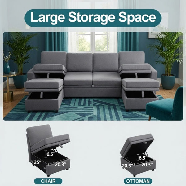 English Elm 100.1 Inch U-Shaped Sleeper Sectional Sofa with Dual Storage Ottomans in Dark Grey B082S00152