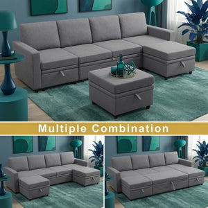 English Elm 100.1 Inch U-Shaped Sleeper Sectional Sofa with Dual Storage Ottomans in Dark Grey B082S00152