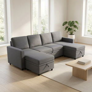 English Elm 100.1 Inch U-Shaped Sleeper Sectional Sofa with Dual Storage Ottomans in Dark Grey B082S00152