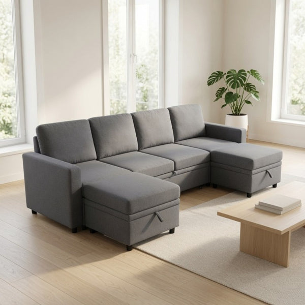 English Elm 100.1 Inch U-Shaped Sleeper Sectional Sofa with Dual Storage Ottomans in Dark Grey B082S00152
