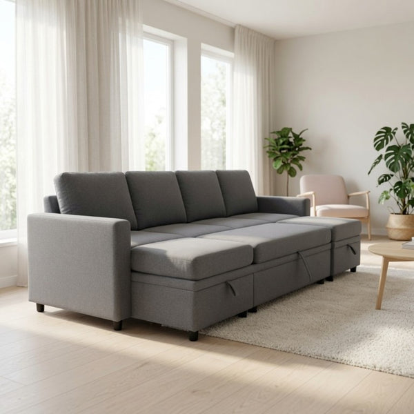 English Elm 100.1 Inch U-Shaped Sleeper Sectional Sofa with Dual Storage Ottomans in Dark Grey B082S00152