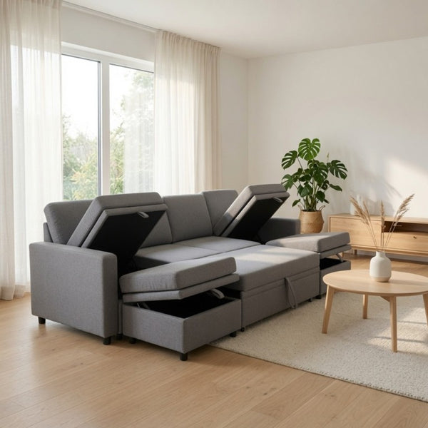 English Elm 100.1 Inch U-Shaped Sleeper Sectional Sofa with Dual Storage Ottomans in Dark Grey B082S00152
