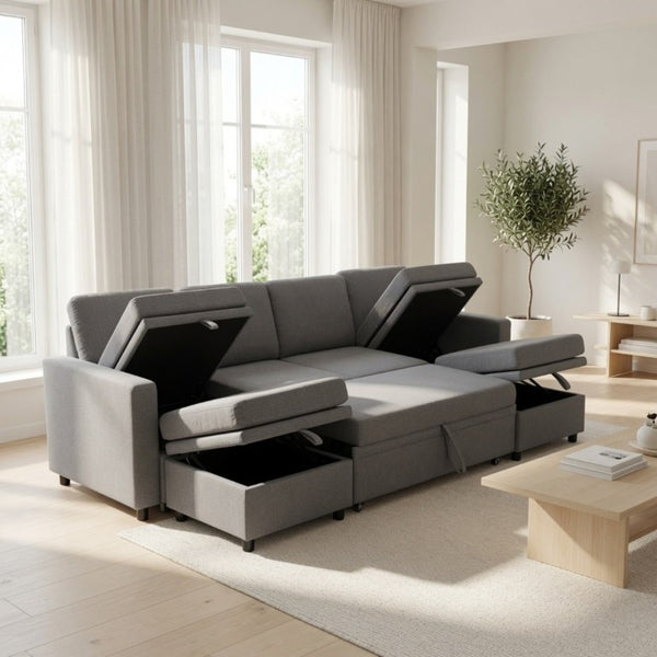 English Elm 100.1 Inch U-Shaped Sleeper Sectional Sofa with Dual Storage Ottomans in Dark Grey B082S00152