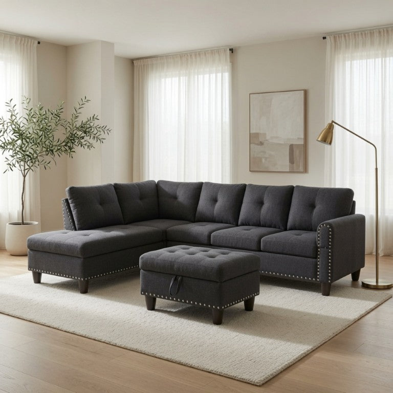 English Elm 69.5 Inch Linen Sectional Sofa with Storage Ottoman Cup Holders and Nail Head Trim B082S00153