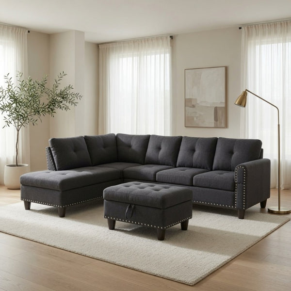 English Elm 69.5 Inch Linen Sectional Sofa with Storage Ottoman Cup Holders and Nail Head Trim B082S00153