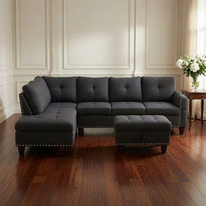 English Elm 69.5 Inch Linen Sectional Sofa with Storage Ottoman Cup Holders and Nail Head Trim B082S00153