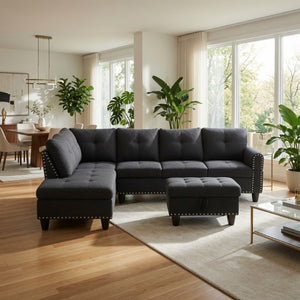 English Elm 69.5 Inch Linen Sectional Sofa with Storage Ottoman Cup Holders and Nail Head Trim B082S00153