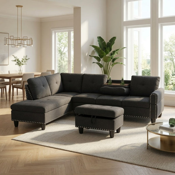 English Elm 69.5 Inch Linen Sectional Sofa with Storage Ottoman Cup Holders and Nail Head Trim B082S00153