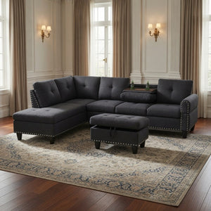 English Elm 69.5 Inch Linen Sectional Sofa with Storage Ottoman Cup Holders and Nail Head Trim B082S00153