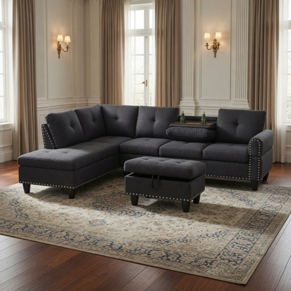 English Elm 69.5 Inch Linen Sectional Sofa with Storage Ottoman Cup Holders and Nail Head Trim B082S00153
