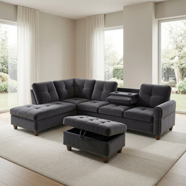 English Elm 69.5 Inch Linen Sectional Sofa with Storage Ottoman Cup Holders and Nail Head Trim B082S00153