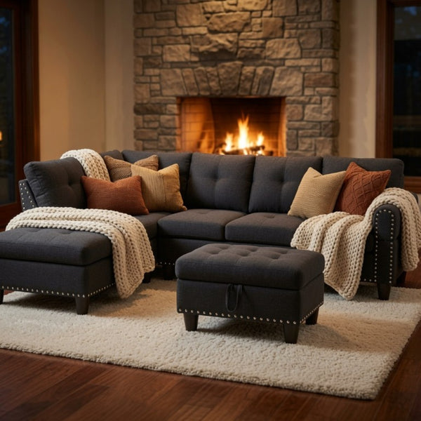 English Elm 69.5 Inch Linen Sectional Sofa with Storage Ottoman Cup Holders and Nail Head Trim B082S00153