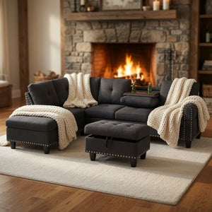 English Elm 69.5 Inch Linen Sectional Sofa with Storage Ottoman Cup Holders and Nail Head Trim B082S00153