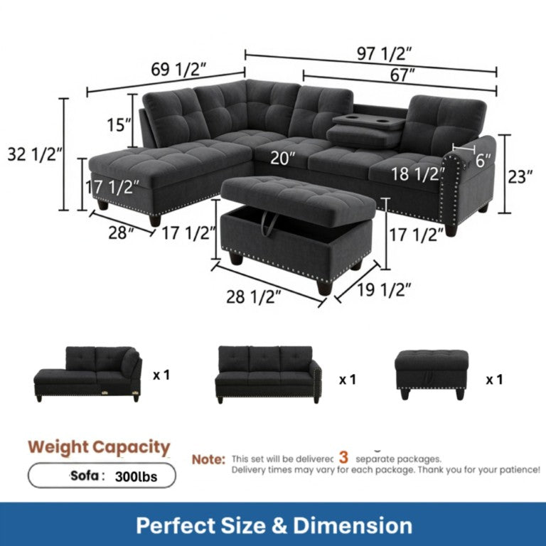 English Elm 69.5 Inch Linen Sectional Sofa with Storage Ottoman Cup Holders and Nail Head Trim B082S00153