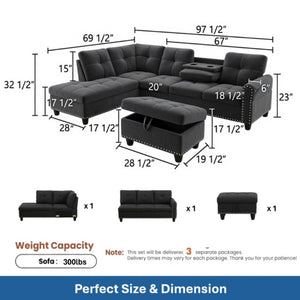 English Elm 69.5 Inch Linen Sectional Sofa with Storage Ottoman Cup Holders and Nail Head Trim B082S00153