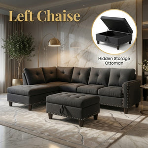 English Elm 69.5 Inch Linen Sectional Sofa with Storage Ottoman Cup Holders and Nail Head Trim B082S00153